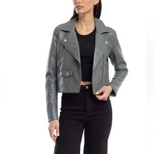 NWT! BLANK NYC Olive Vegan Moto Leather Jacket with Zipper and Pocket Detail